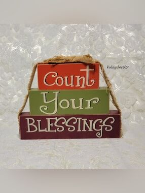 Count Your Blessings Stacked Wooden Tabletop Burlap Fall Thanksgiving Decor